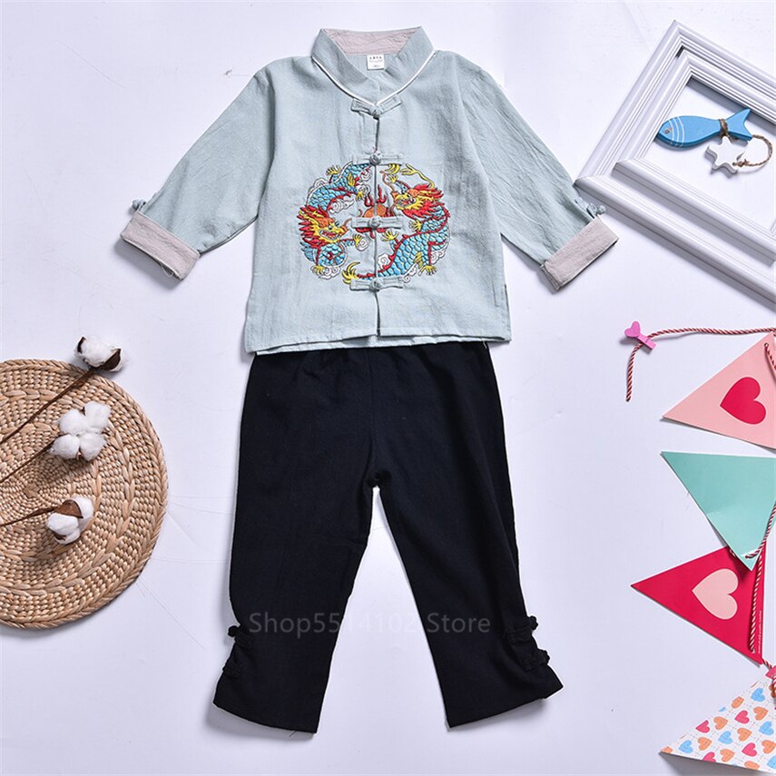 Chinese traditionele hanfu draak borduurwerk kinderen tang pak blouse jongen kungfu kleding meisje chinese top broek kind vintage feest