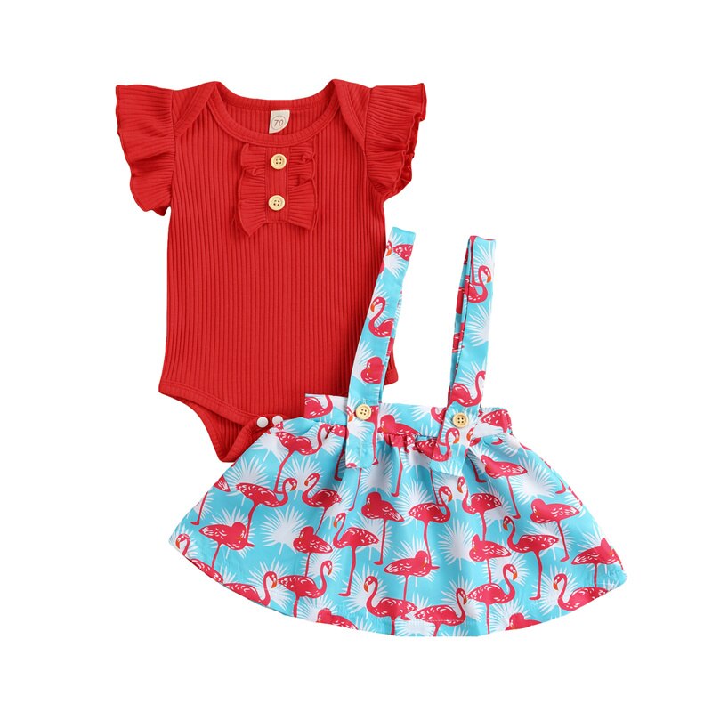 Blotona 2 Stuks Peuter Meisjes Zomer Outfits, effen Kleur Ruche Korte Mouwen Romper + Flamingo Print Bretels Jurk 0-24 Maanden: Rood / 6m