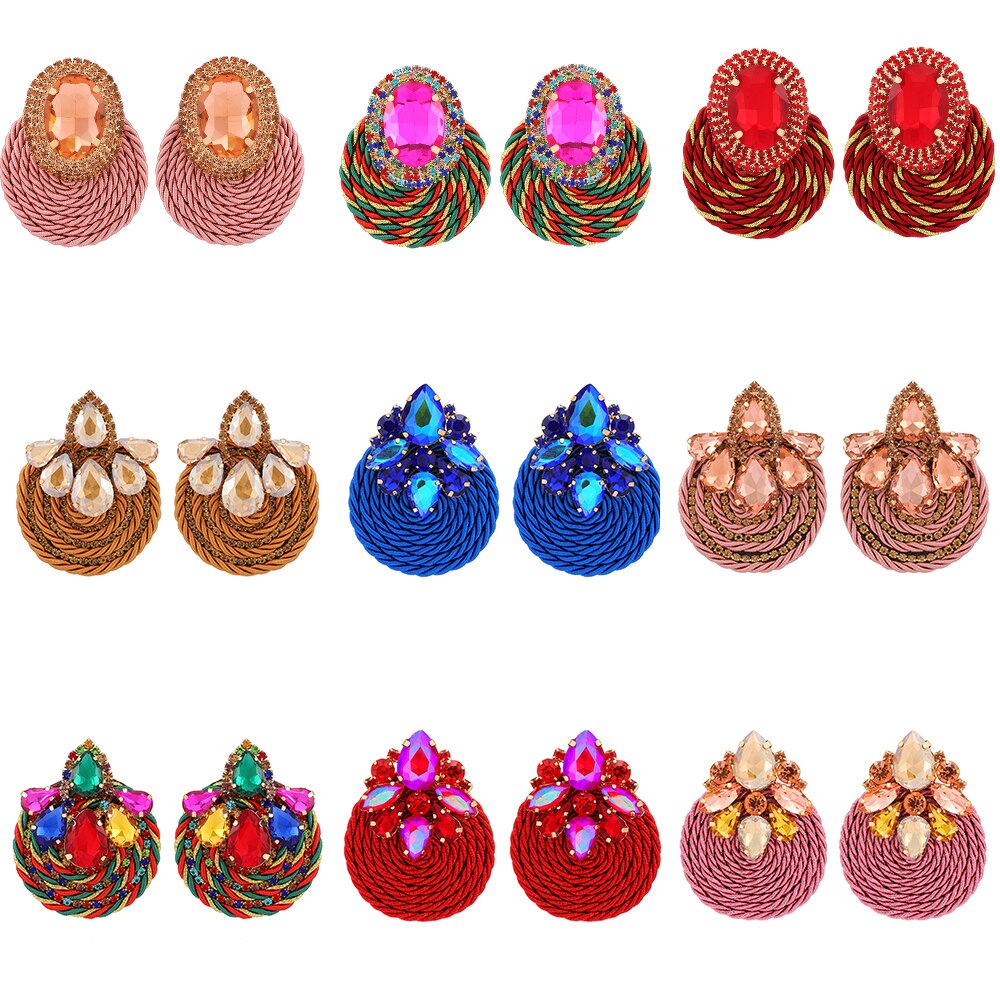 Ethnic Style Cotton Cord Weave Round Ear Accessories Vintage Sparkly Crystal Dangle Earrings For Women Luxury Jewelry