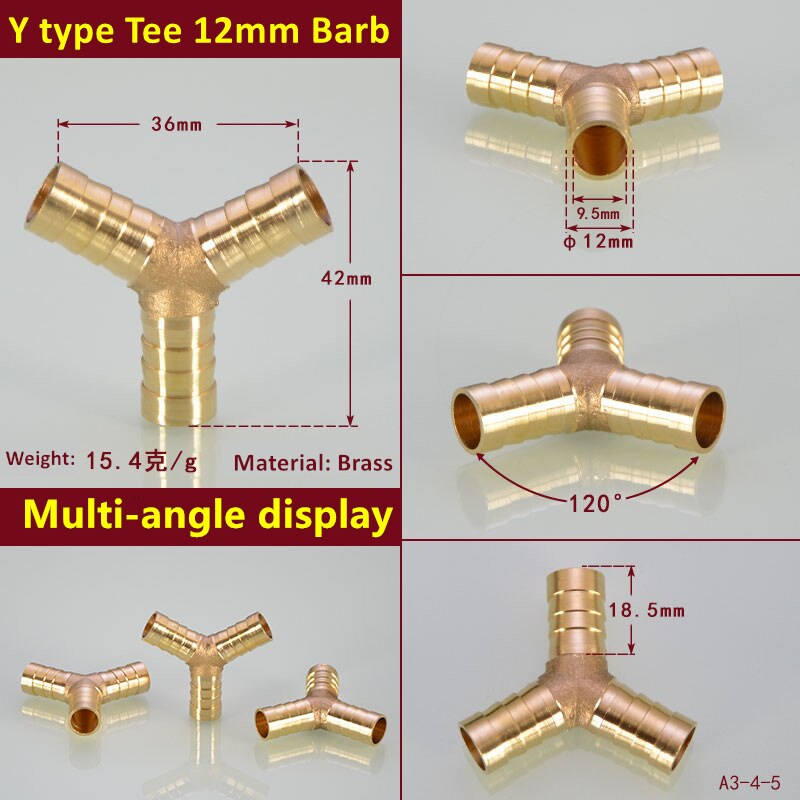 1PC Brass Barb Pipe Fitting Y Type 3 way tee connector For 4mm 5mm 6mm 8mm 10/12/14/16/19/25mm hose copper Pagoda Tube Fittings: tan