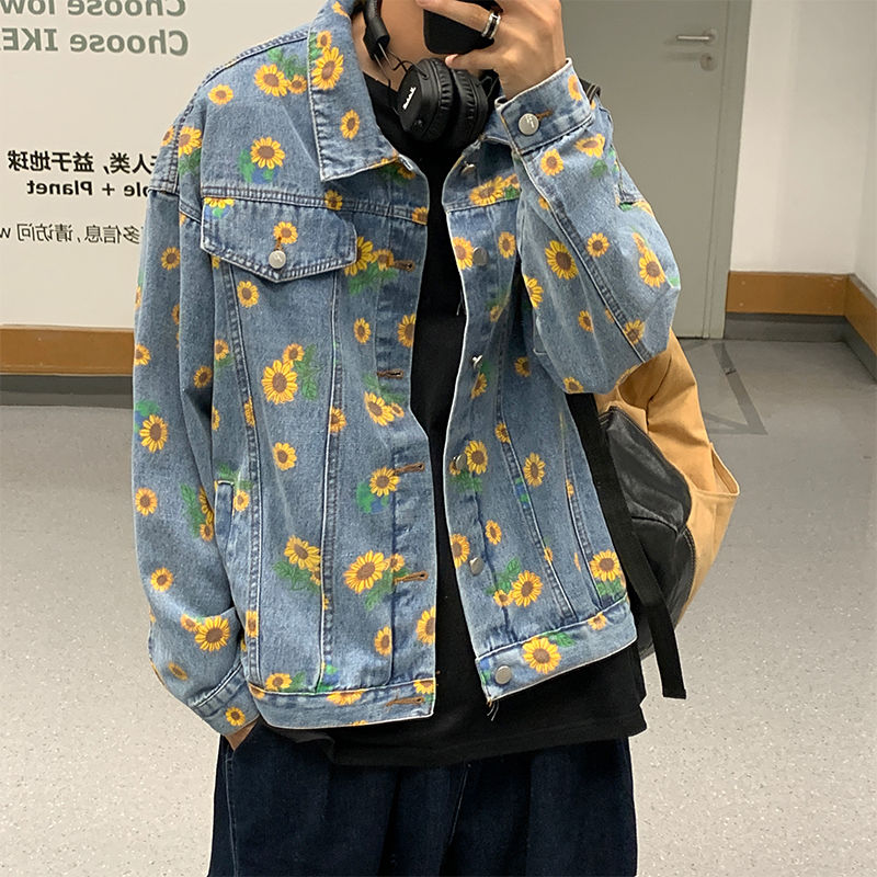 Efterår koreansk blomst denim jakke herre & #39 ;s afslappet retro denim jakker herre streetwear vild løs hip-hop bomber jakke herre