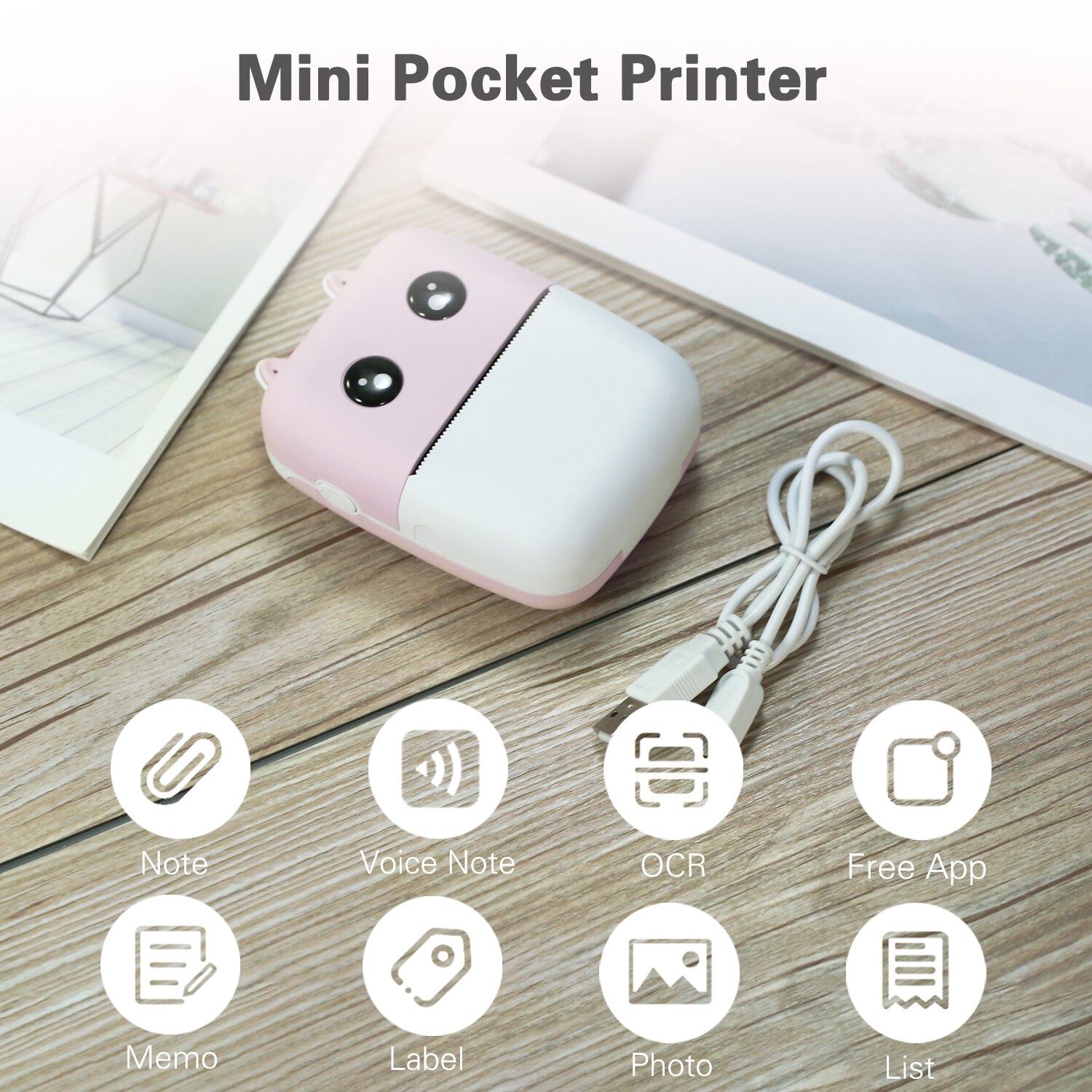 Aibecy-Mini imprimante thermique de poche, 58mm, imprimante BT sans fil, 200dpi, avec 1 rouleau de papier thermique, pour impression d'étiquettes photos et mémos