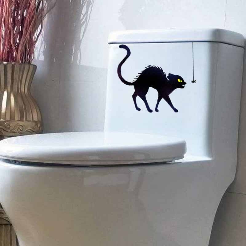 YOJA 23.4X20.8CM Cartoon Pattern Home Decor Halloween Black Cat Spider Wall Decal Toilet Seat Sticker T5-1192