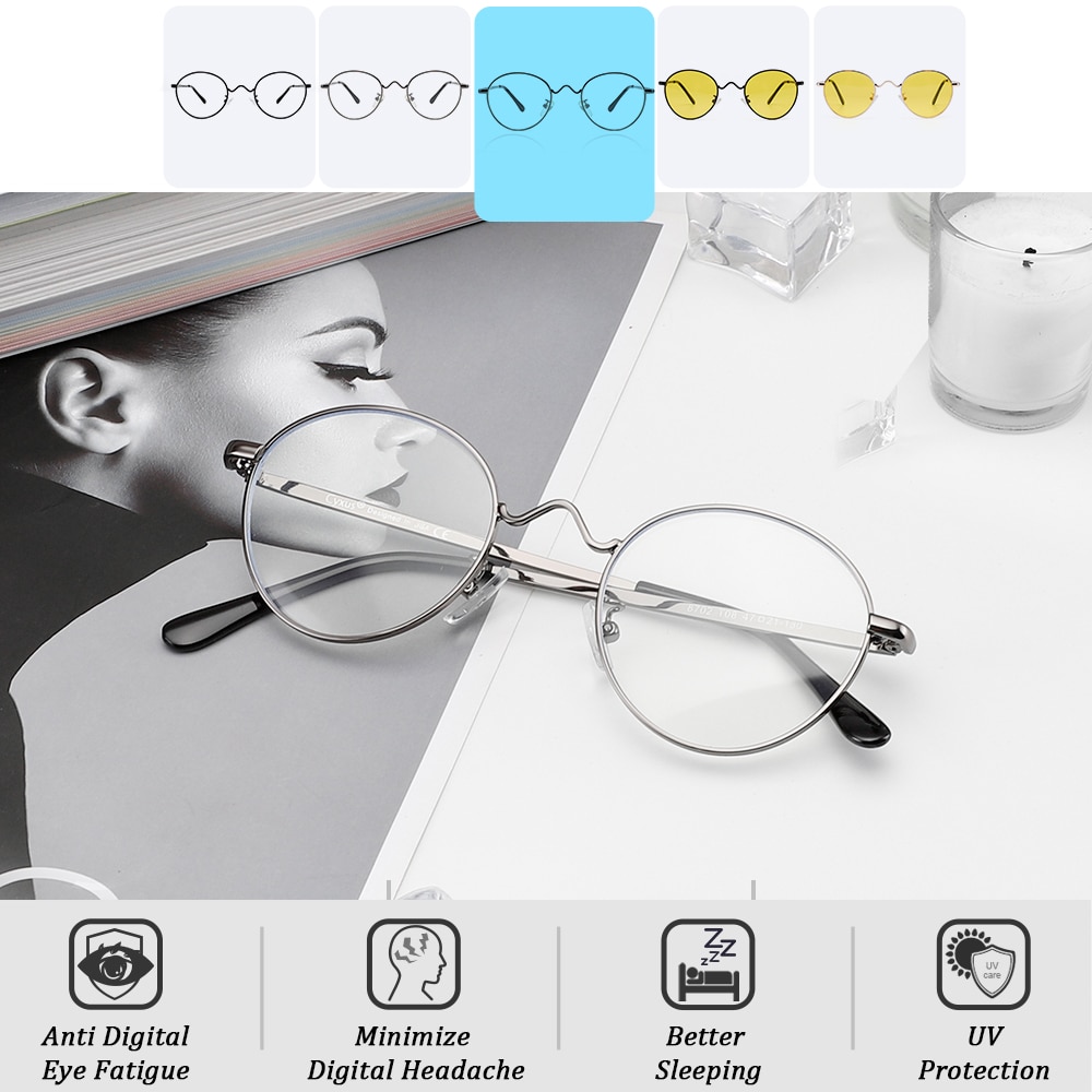 Cyxus Anti lumière bleue ordinateur lunettes Anti-fatigue oculaire bloquant UV400 coréen rond métal cadre lunettes pour femmes hommes 8702