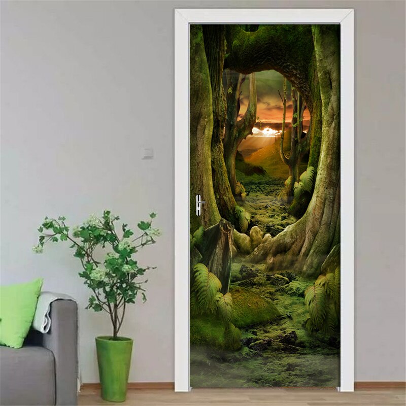 Nature Landscape Forest Door Wall Sticker Living Room Kitchen PVC Self-Adhesive Waterproof Sticker On The Doors Wallpaper Mural