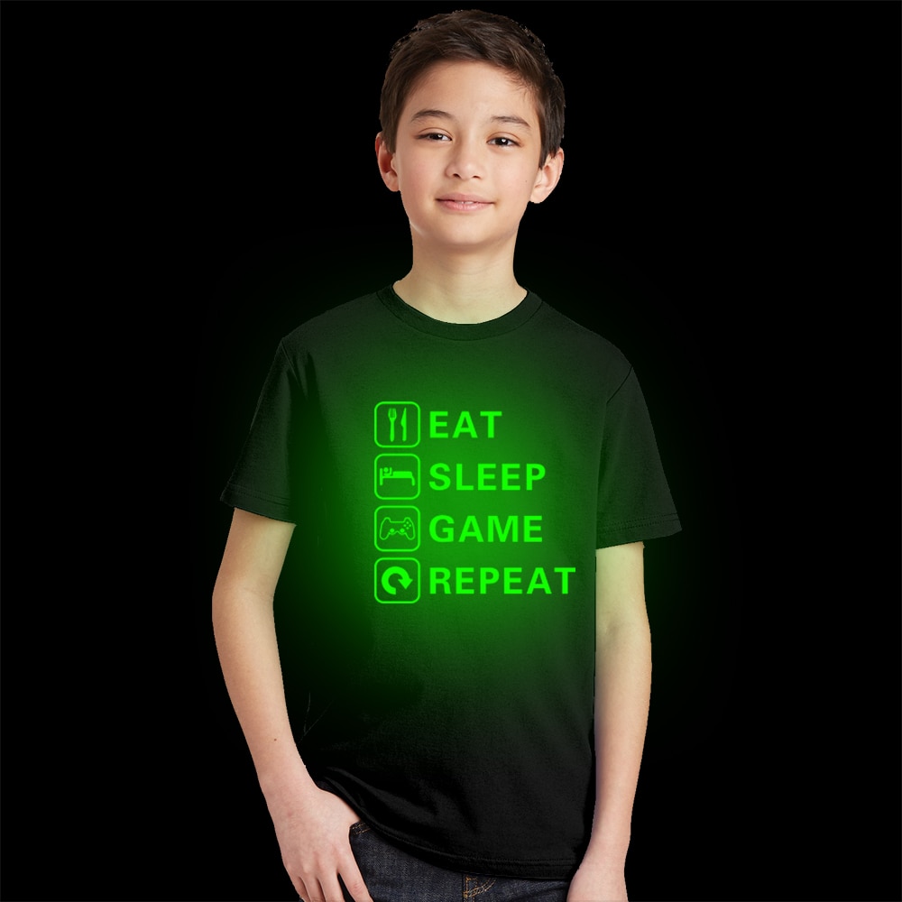 Kids Boy Eat Sleep Game Repeat Print Luminous T Shirt Children Summer Short Sleeve Noctilucent Tops Boy Casual Funny T-shirt