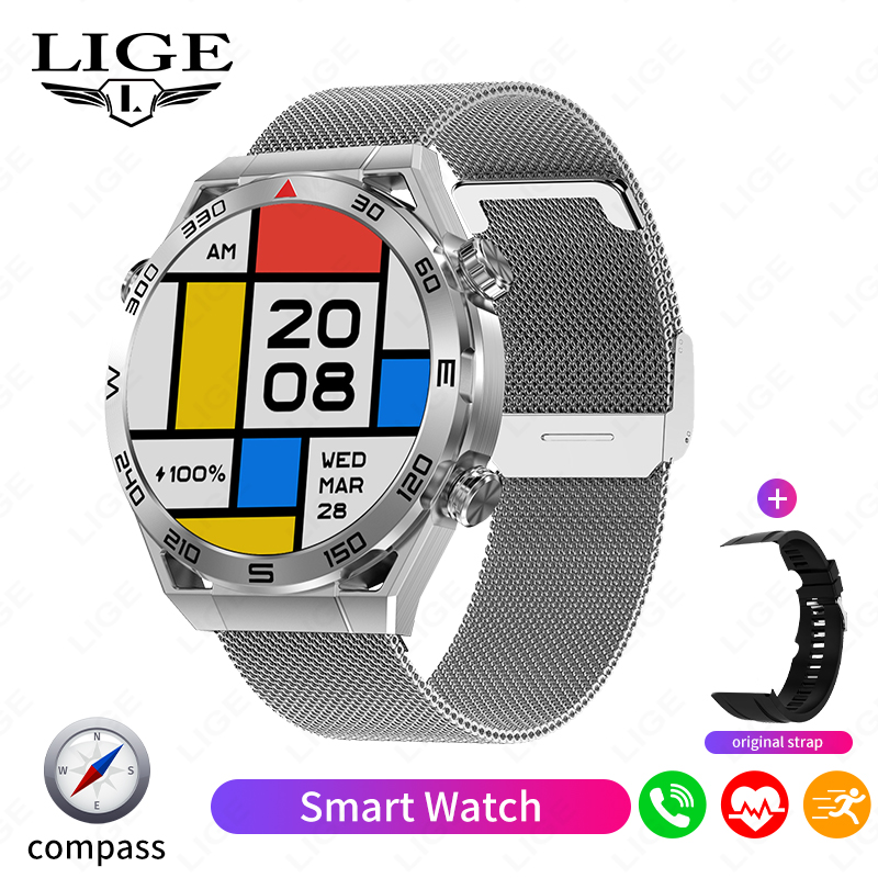 LIGE Nowy sprytny zegarek mężczyźni GPS Bluetooth połączenie sport tryby naganiacz zwierza kompas muzyka niestandardowa bransoletka tarcza biznesowa Smartwatch mężczyźni + skrzynka: Brązowy