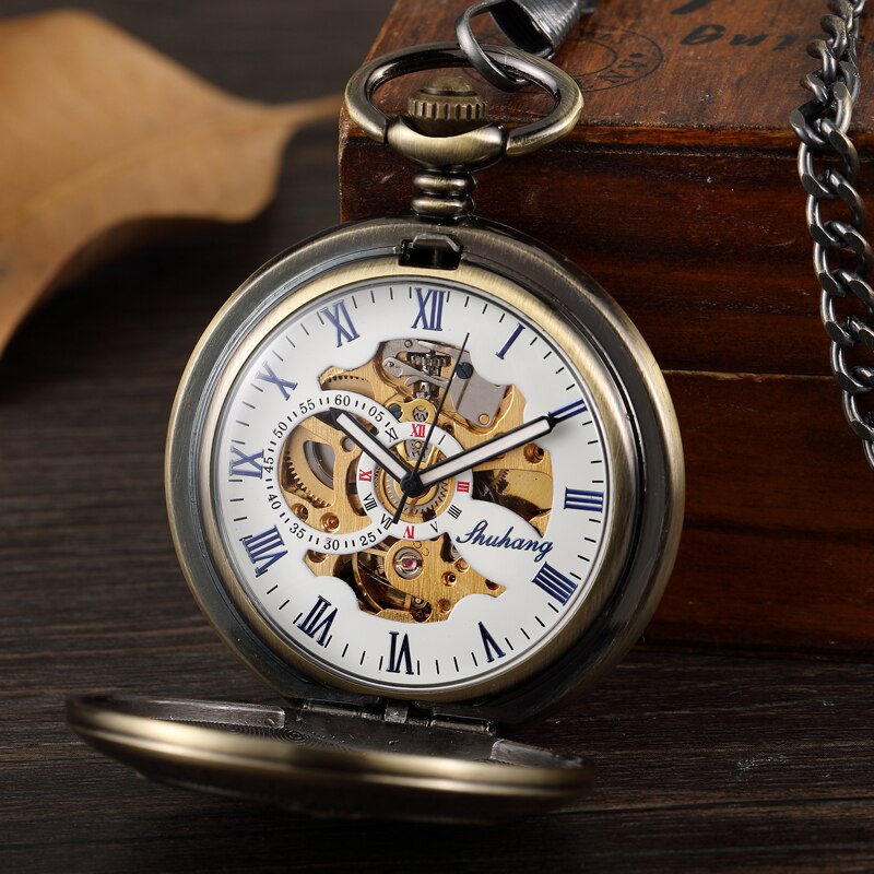 Retro Bronzen Versnelling Mechanische Pocket Horloges Mannen Ster Romeinse Cijfers Unieke Hollow Skeleton Steampunk Hand Fob Horloge Ketting