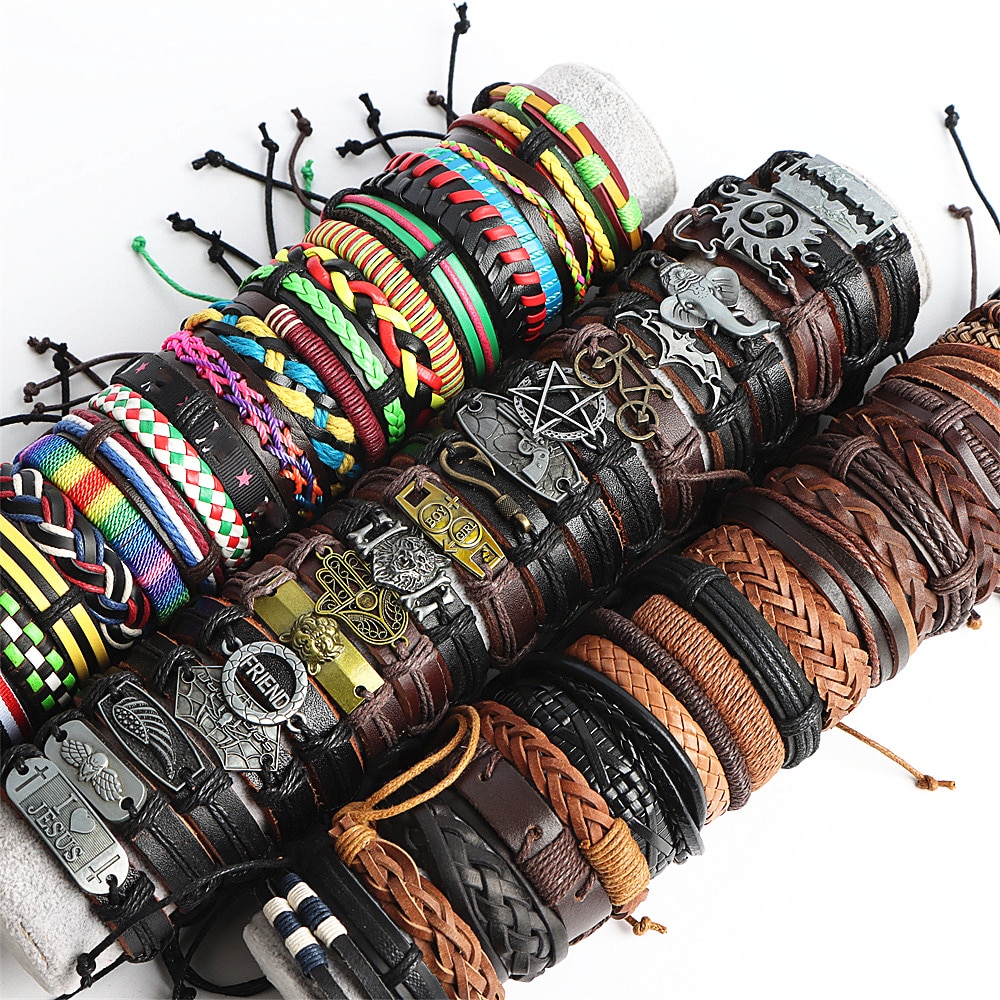 Wholesale 20/30/36/50/100Pcs/lot Vintage Leather Bracelets For Women Men Mix Style Cuff Bangle Jewelry Party Gifts