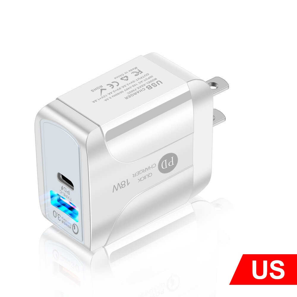 18W PD Ladegerät QC 3,0 quick charge 3,0 für iphone 12 11 schnelle ladegerät adapter für xiaomi samsung S20 hinweis typ c usb c dual port: US Plug-White