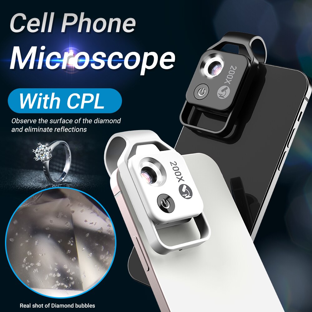 Universal 200x " hd magnification microscope lens with cpl led lights, portable mobile phone macro lens, smartphone accessory