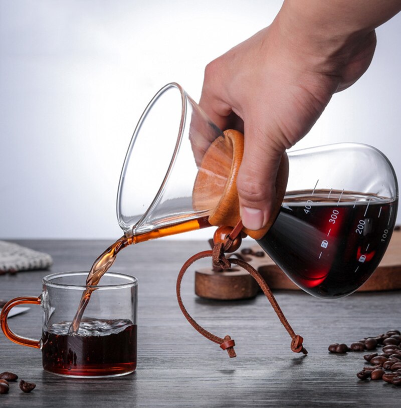 Olla de vidrio para café hecha a mano resistente al calor, juego de filtros para compartir mango de madera, adecuado para el hogar y la Oficina, 400/600/800ML