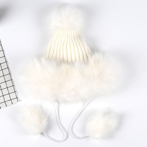 HT2105 Big Fur Pompom Ball Winter Hats for Women Russian Ushanka Hat Thick Warm Fur Hat Earflap Ski Cap Women Knitted Hat: White