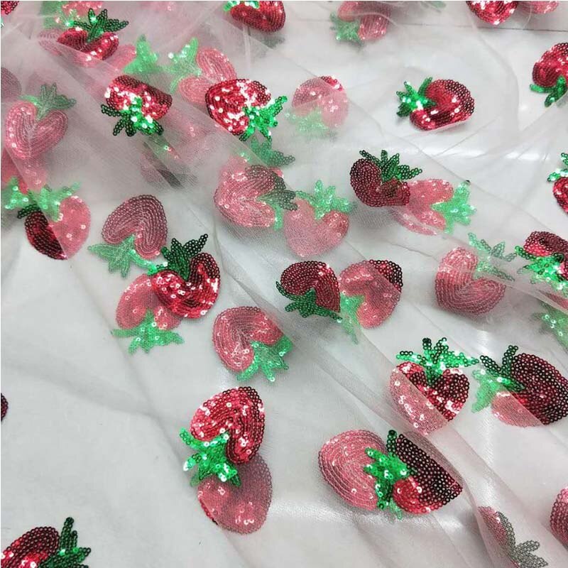 Soft Translucent Sequins Strawberry Embroidery Mesh Fabric for Wedding Party Dress Tulle Stage Garment Diy Sewing Lace Fabric: White / 100x130cm