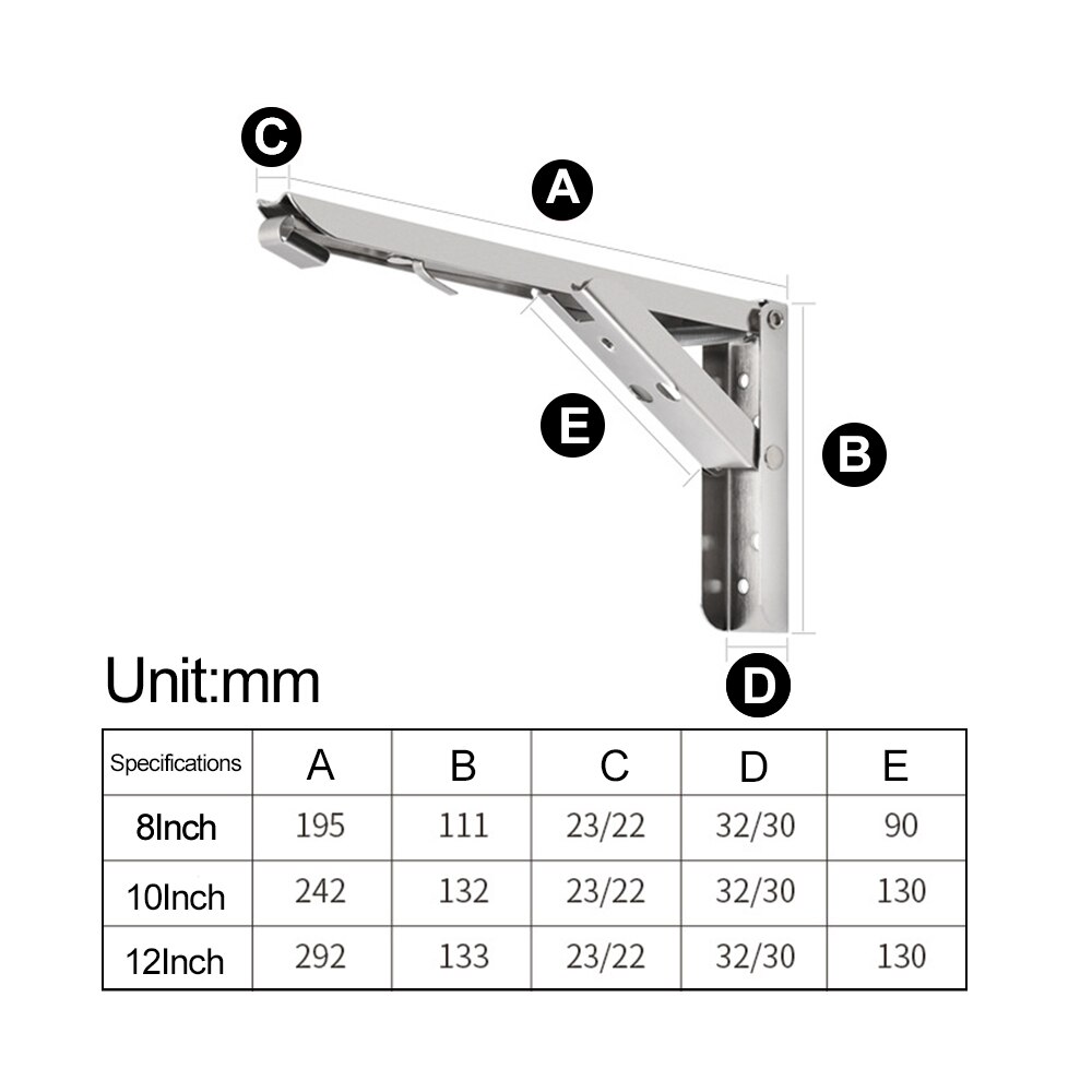 Triangle Table Shelf Bracket Heavy Support 2pcs Wall Mounted Stainless Steel Folding Angle Bracket 8-12 Inch