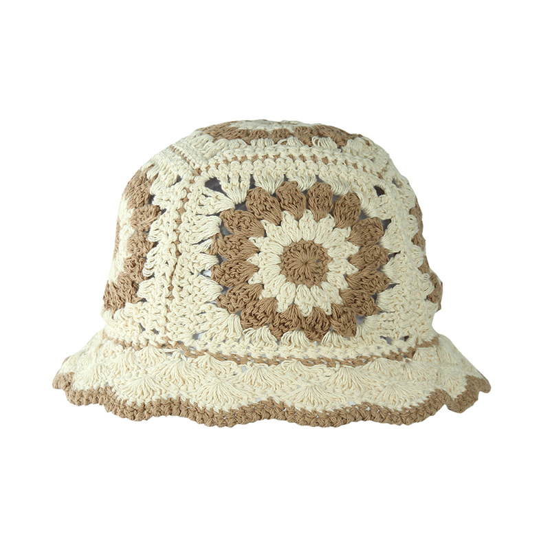 Summer Hollow Crochet Flower Fisherman Hat Shade Breathable Knitted Bucket Hat Ladies Panama Knitted Fisherman Hat: 06