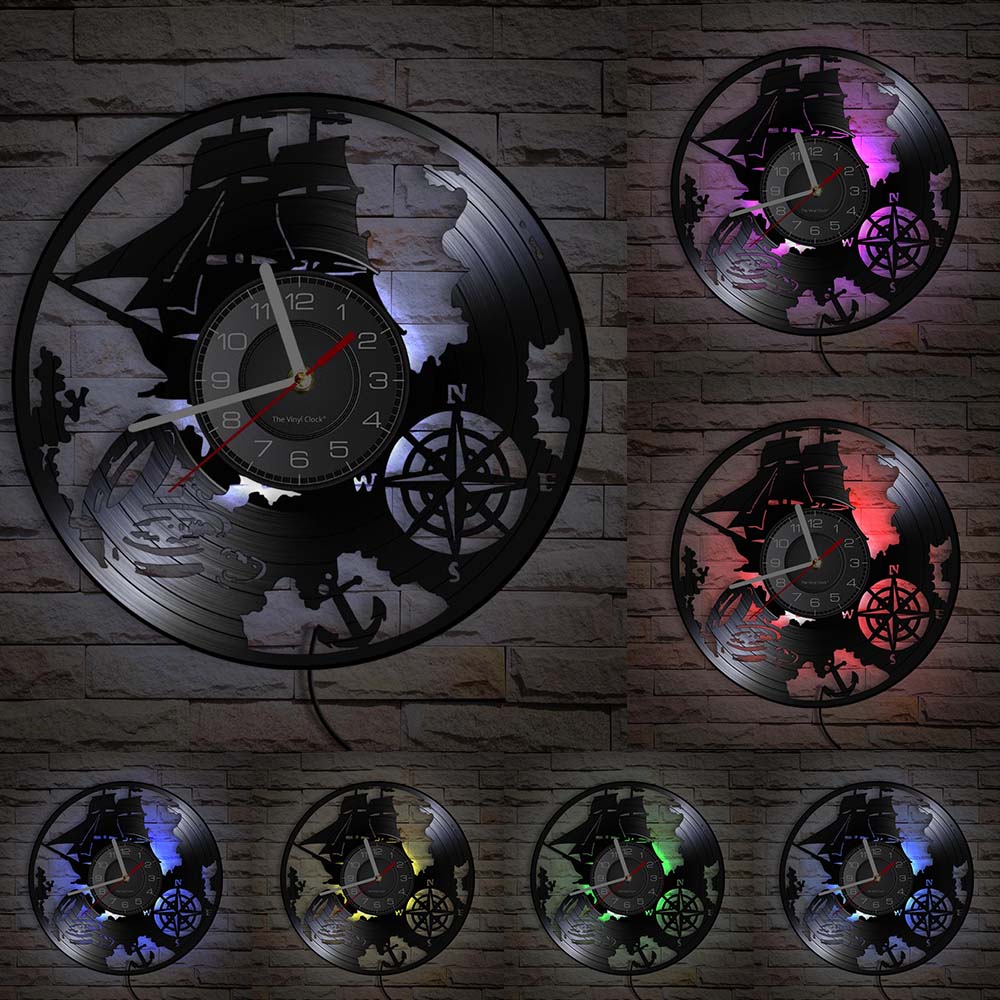 Reloj de pared de vinilo con tema de navegación, lámpara de pared mágica de marinero, luz nocturna LED de Vintage náutico: With LED