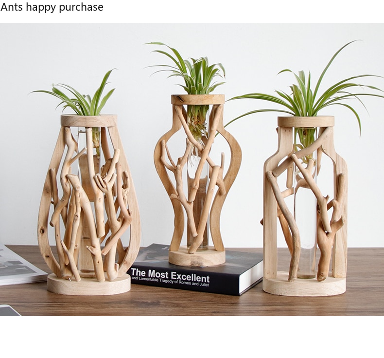 Jarrón de madera puro hecho a mano decorado maceta de madera para flores sólidas para vidrio contenedor hidropónico Floral florero decorativo casero