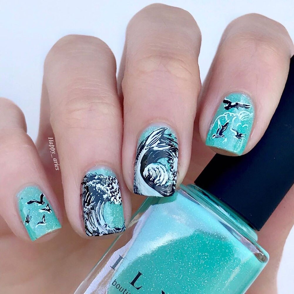 Beautybigbang nagelstämplingsplattor vågskepp havsfisk val bild form vintage rostfritt stål nagelkonst mall stencil 028