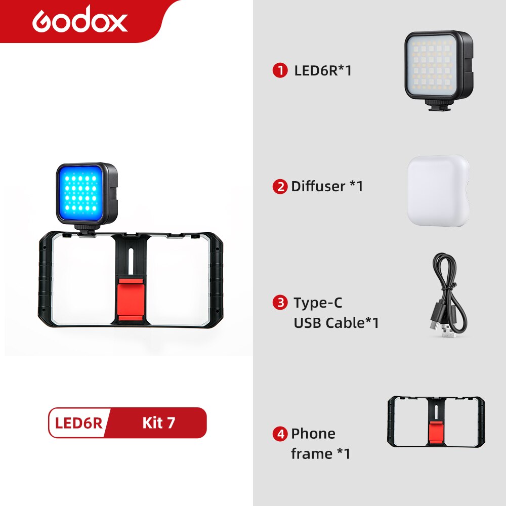 Godox LED 6R RGB Video Licht, dimmbar 0-360 Voll Farbe 3200K-6500K 13 FX Effekte Gebaut-in 1800mAh Li-Ion batterie für Video Licht: Bausatz 7