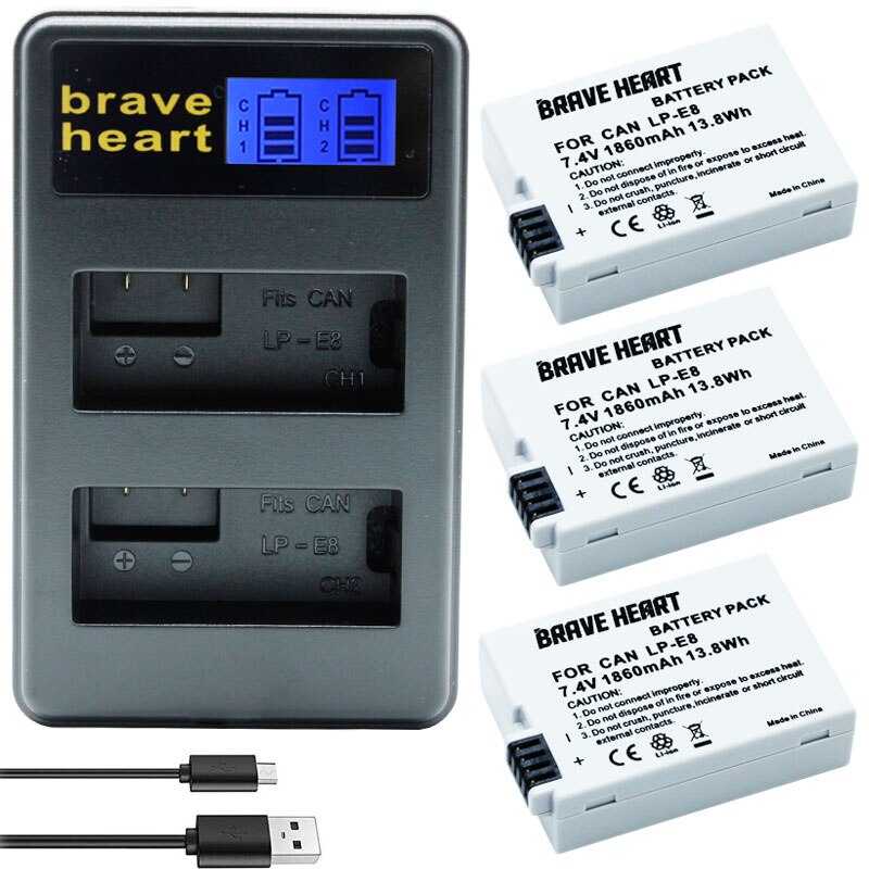 7.4v 1860 mah bateria lp  e8 batteri batteri akku + dubbel laddare för canon eos 550d 600d 650d 700d x4 x5 x6i x7i t2i t3i: Laddare och 3 batterier