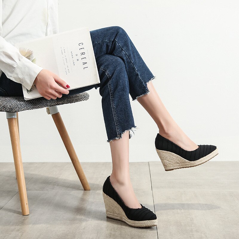 Espadryle damskie sandały na koturnie 2021 wiosenny i jesienny nowy płytkie usta wysokie buty na grubym obcasie platformy damskie słomiane tkane