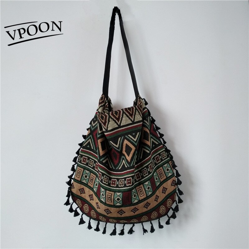 Vintage Chinese Nationale Stijl Etnische Schoudertassen Boho Kwastje Hippie Tote Messenger Katoen Linnen Zak Cadeaus Voor Dames