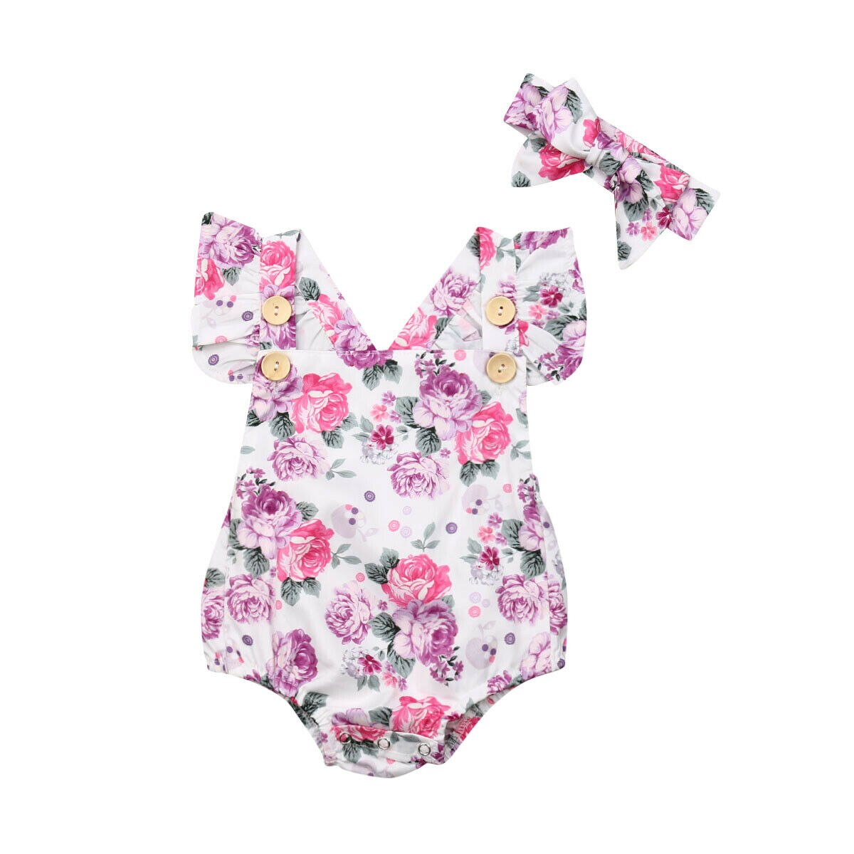 Newborn Kids Baby Girls Boys Floral One-piece Jumpsuit Headband 2pcs Outfits Summer Clothes