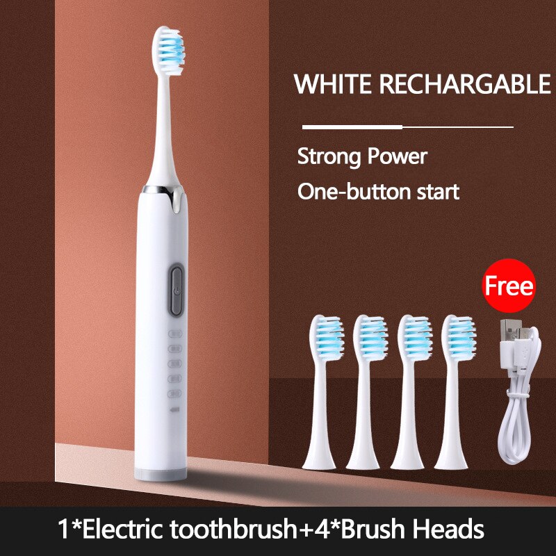 Genopladelig sonisk elektrisk tandbørste med udskiftning af tandbørstehoveder 5 tilstande vandtæt ultralydsbørste voksen: Hvid genopladelig