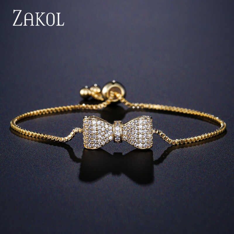 ZAKOL Zirconia Crystal Bow Adjustable Bracelet & Bangle for Women Brilliant CZ Party Jewelry Pulseira Feminia FSBP2034: Gold Color