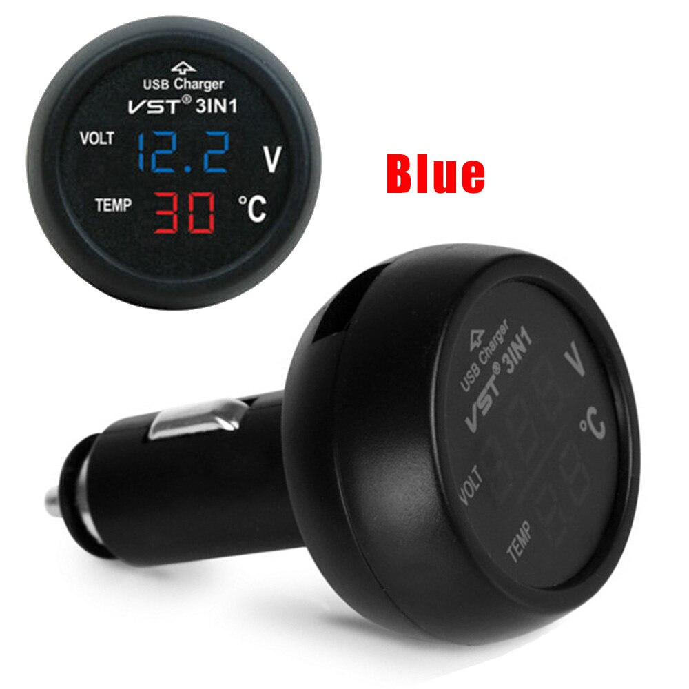 Accessoires Auto Voltmeter Thermometer Usb Lader Multifunctionele Auto Led Thermometer Usb Lader Universele Digitale: Blue