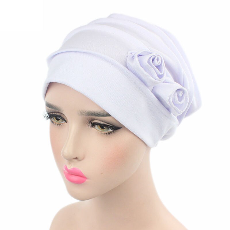 Naiveroo kvinnor blomma muslimsk hatt mössa hatt cancer elastisk kemo bomull huvud wrap enfärgad hatt huvudbonader turban keps: Vit