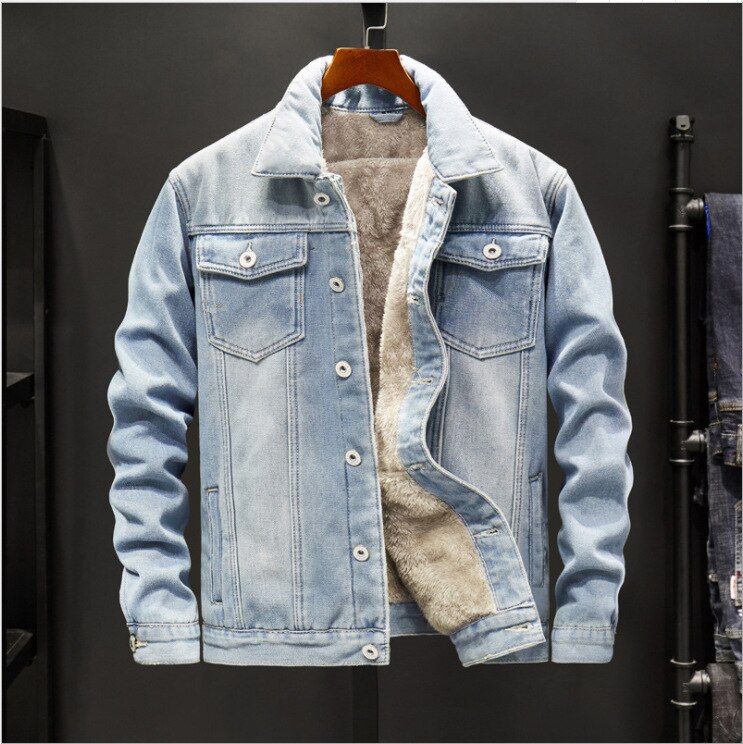 Herrjacka mensjean jackor varm fleece jeansjacka vinteryttring manlig cowboy topprock plus storlek 5xl: Himmelsblå / M