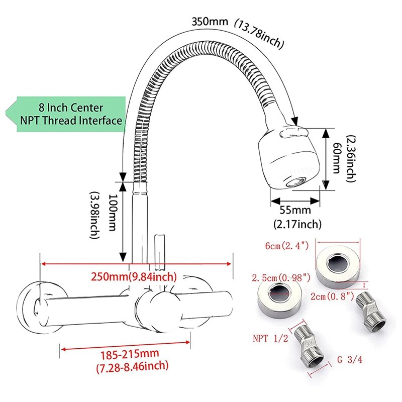 Wall Mount Kitchen Faucet 8 Inch Center ,With Dual Function Flexible Sprayer,Mixer Stainless Steel Constructed Bar Tap