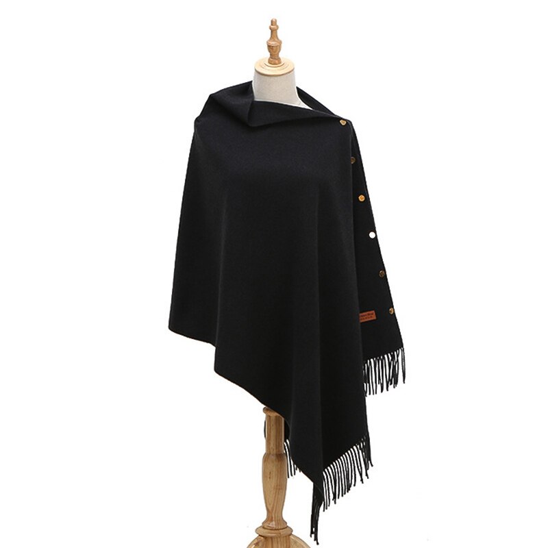 Luxe merk sjaal poncho dames kasjmier effen sjaal cape met knopen multifunctionele deken fular mujer: Zwart