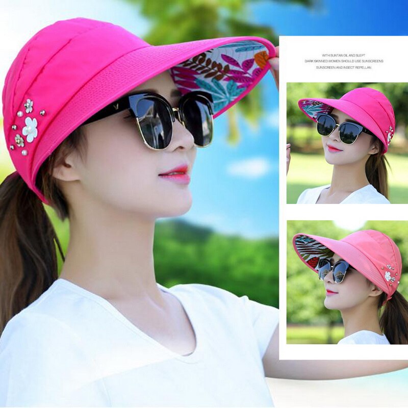Dihope-sombreros para el sol y la playa para mujer, visera de perla empaquetable, sombrero con cabeza grande, gorro femenino de ala ancha, protección UV, novedad de verano