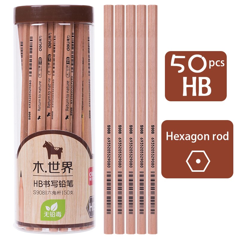 Deli log Wood Pencil 2B HB primary school children kindergarten writing test drawing sketch special pencil safety stationery: 50pcs HB  S908