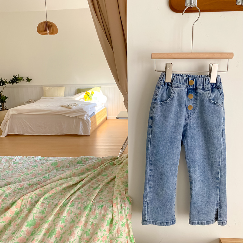 Pantalones vaqueros con botones decorados para niña, pantalón informal, acampanado que combina con todo, para primavera y otoño