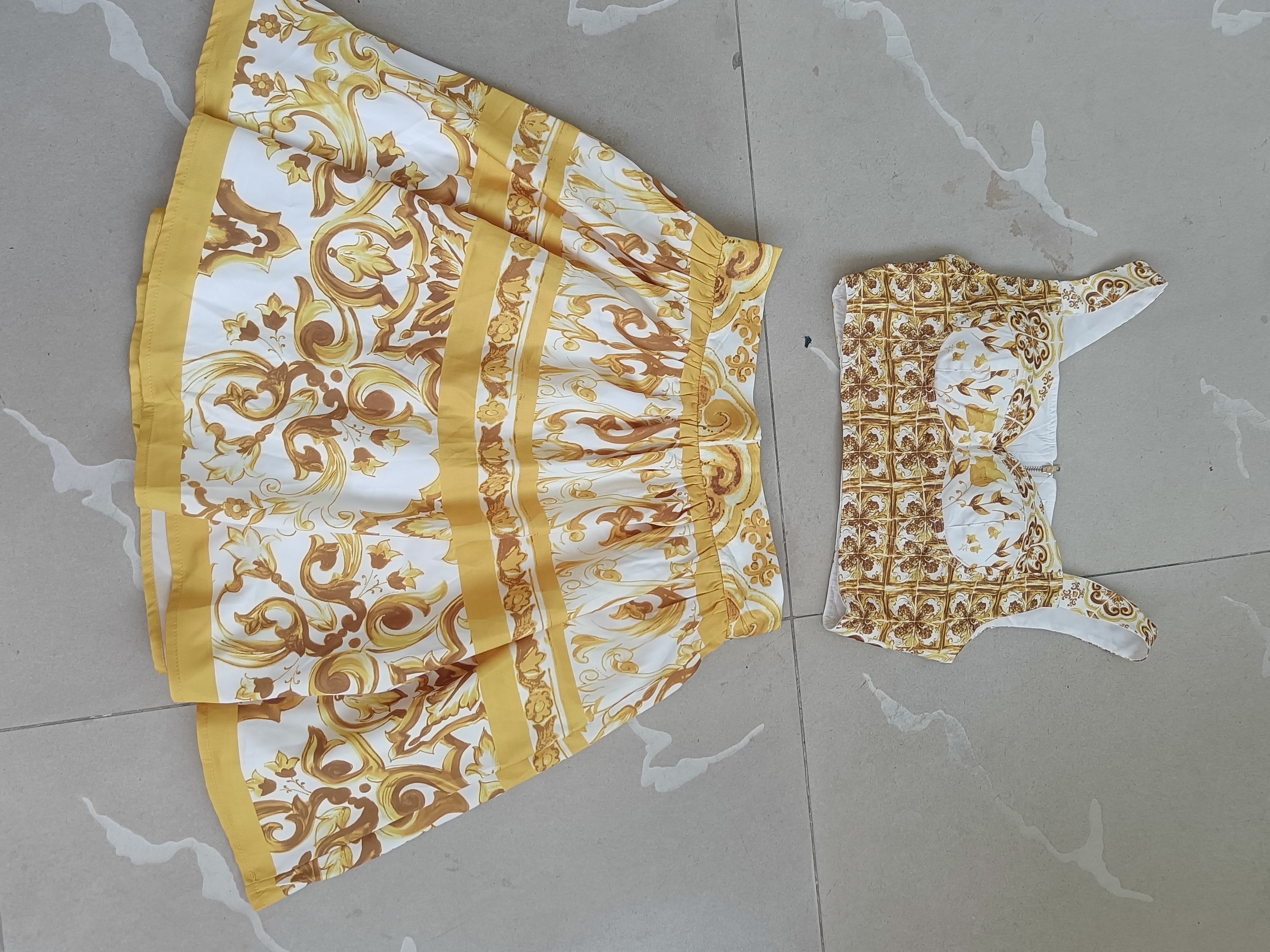 Runway Summer Golden Yellow Floral Two Piece Women Skirts Sets Sexy Crop Tops Corset Mini Short Skirts Suits