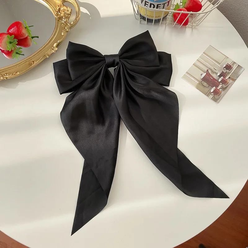 1 Uds. Cinta de satén de Color sólido, lazos grandes, horquilla, Clips de primavera, accesorios para el cabello para mujeres y niñas, sombreros coreanos de de verano 2023: Negro