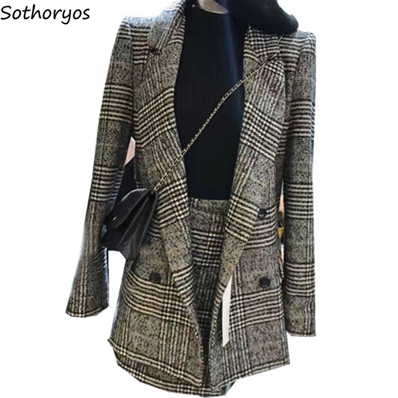 Blazere kvinder hak plaid enkel matchende retrolommer fritid slank blazer dame koreansk stil chic dametøj