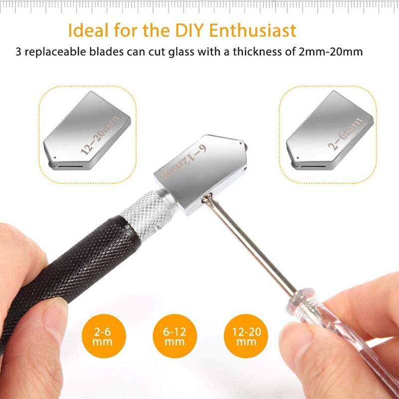 Glass Cutter,2mm-20mm Glass Cutting Tools Pencil Style Oil Feed with 3 Carbide Tips,Auxiliary Handle