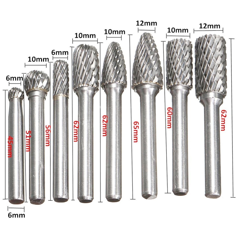 Ny 8 st/set 6mm-12mm volframkarbid borrkrona cnc gravyr 1/4 " roterande skärfilar sliphuvud borr hårdmetall borr