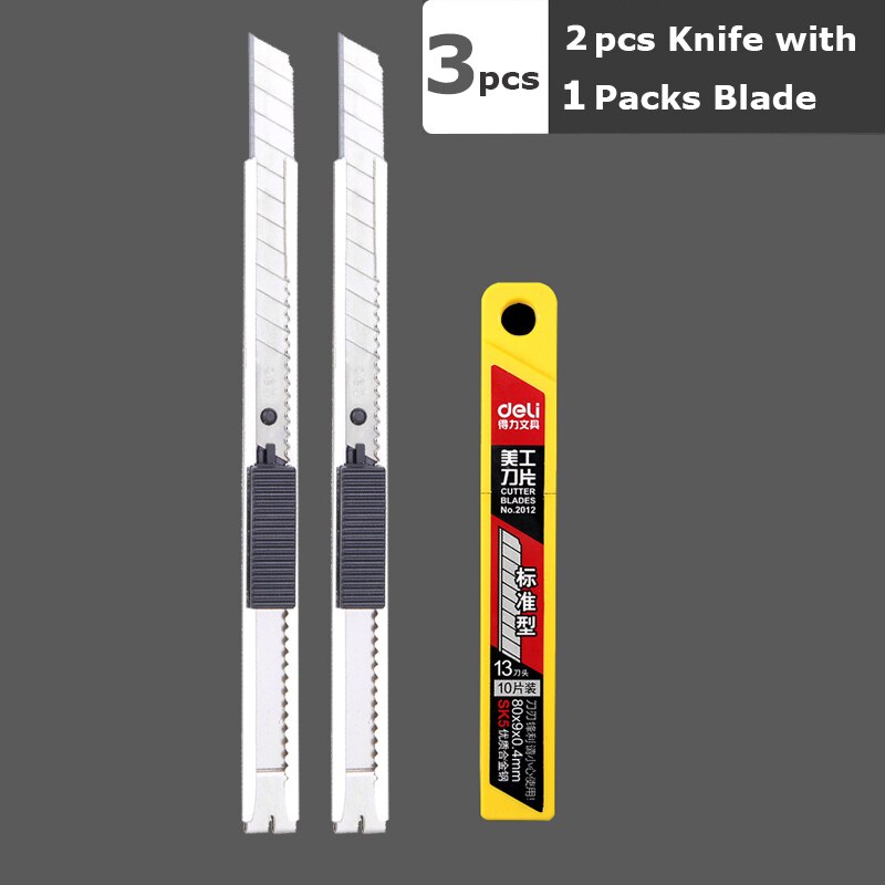 Deli Metal Utility Knife Pocket Knives Retractable Paper нож Unboxing Cutter Self-Locking 60 Sharp Angle Office Supplies: 2Silver Knife 1Blade