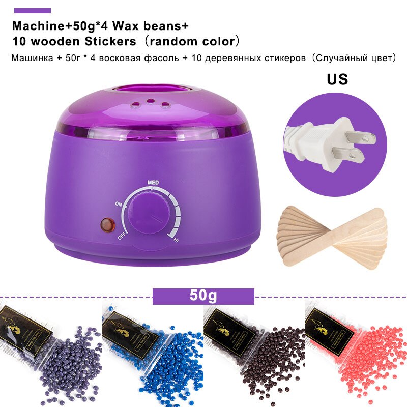 Electric Mini Wax-melt Heater Machine 4 Bags Wax Bean 10 Wood Stickers Hair Removal Machine Waxing Kit Calentador de cera: Purple US plug