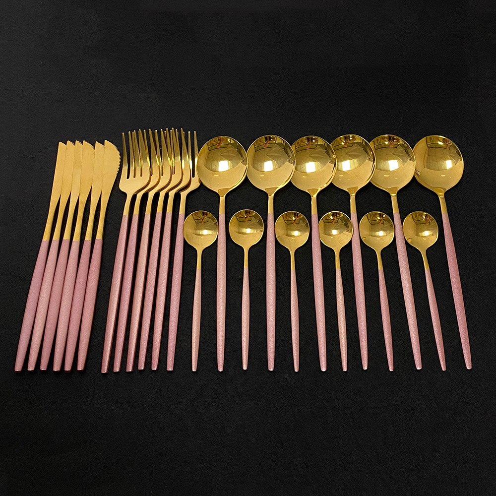 Explosion24Pcs Bunte Geschirr Set Edelstahl Besteck Set Küche Spiegel Gold Geschirr Set Messer Gabel Löffel Geschirr: Pink Gold