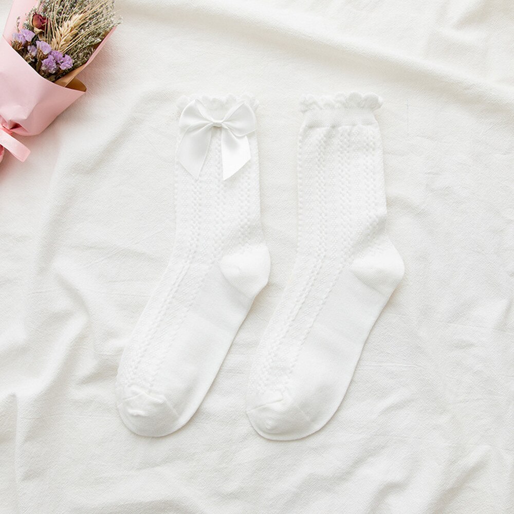 Medium Tube Woman Socks Ruffle Socks Lolita Bow Socks Cosplay Costumes Accessories Cotton Socks Cute Sweet Girl: style1 white