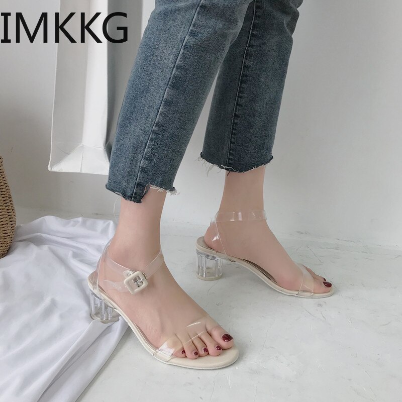 famous transparent high heels sandals women narrow band sandalet clear cylinder heels gladiator sandalias mujer Q00113