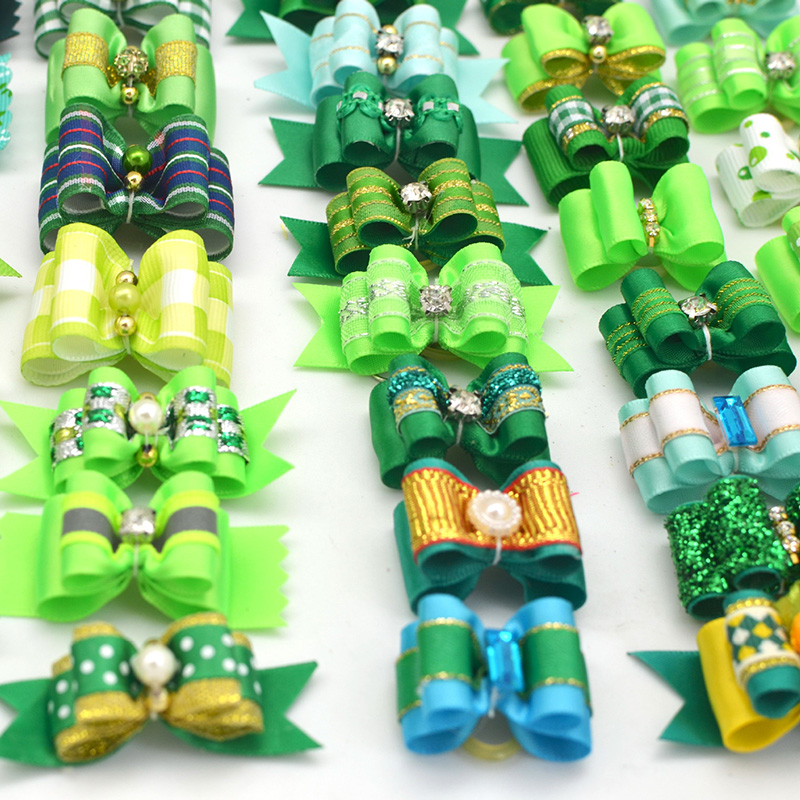 10 unids/lote de lazos para el pelo de perro, banda de goma de colores mezclados, cuidado de gatos hecho a mano para mascotas, cachorros, gatos, Mini accesorios con lazo: Verde
