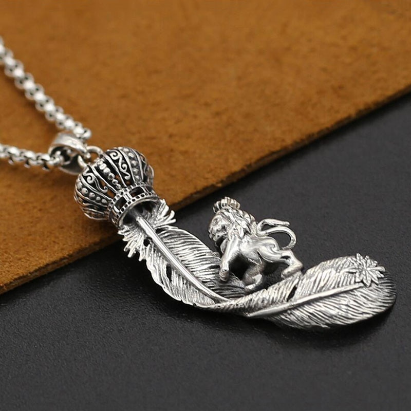 Joyería de plata de ley 925 para mujeres colgante corona León colgante con pluma de águila